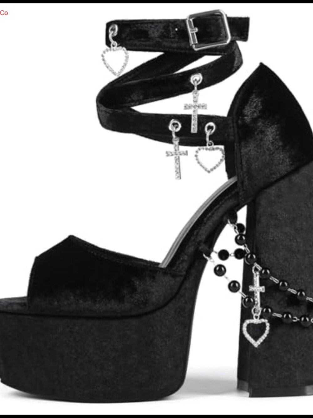 KISTANIA Platform Chunky Heels Velvet Ankle Strap Pearl Chains Open Toe Sandals